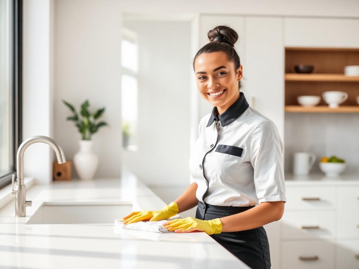 Smiling professional CleanInsight cleaner in a pristine kitchen